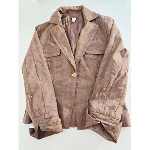 Vex Womens Brown Sequined Striped Button Front Blazer Jacket Size S